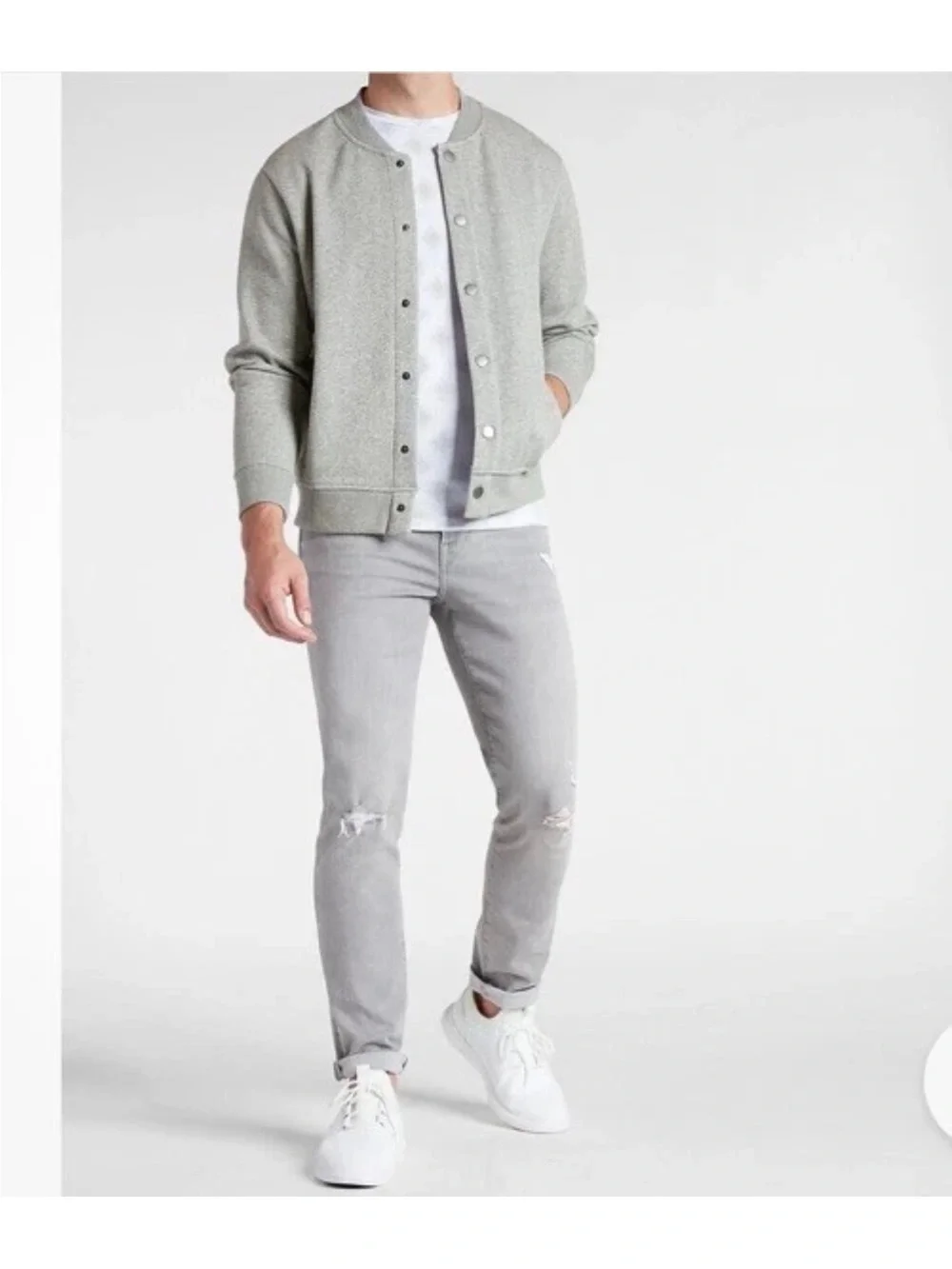 Express Bomber Sweatshirt Jacket Men’s S Gray Textured Knit Varsity Quiet Luxury